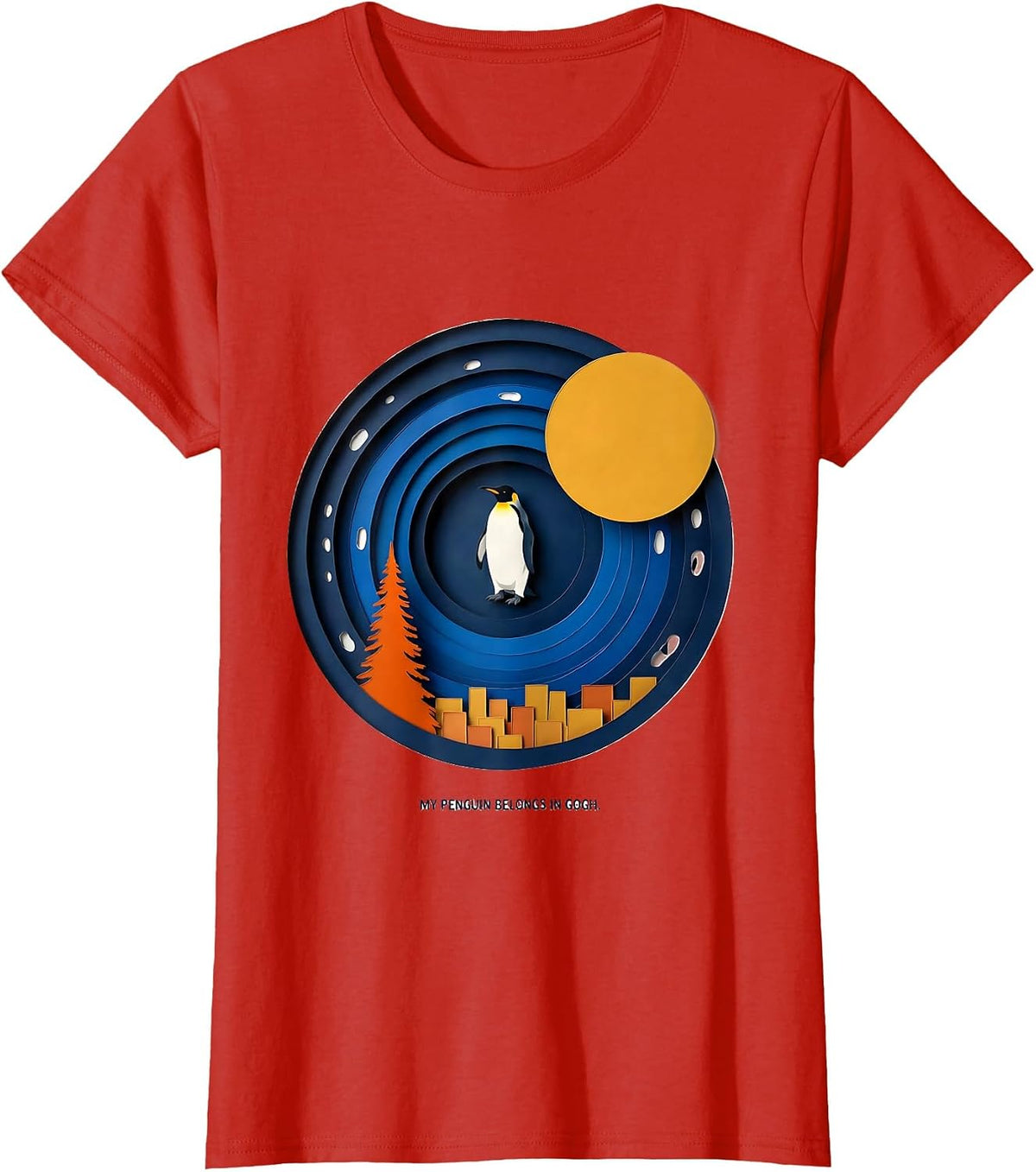 My Penguin Belongs In Gogh Funny Van Gogh Art Parody Animal T-Shirt - Red