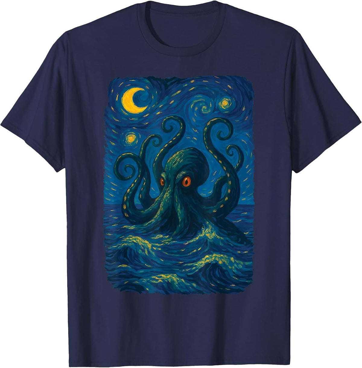 Starry Night Kraken Ocean Art Van Gogh Octopus Sea Monster T-Shirt - Navy Blue