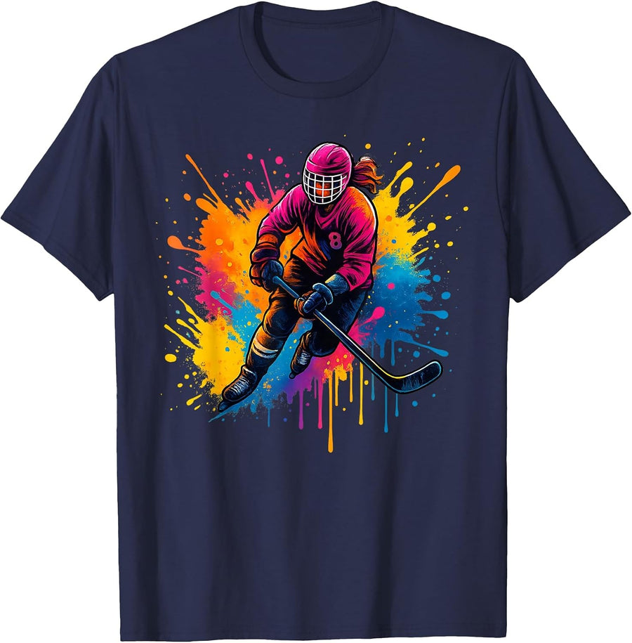 Colorful Ice Hockey Player Girl on Women Ice Hockey Kids T-Shirt - Navy Blue
