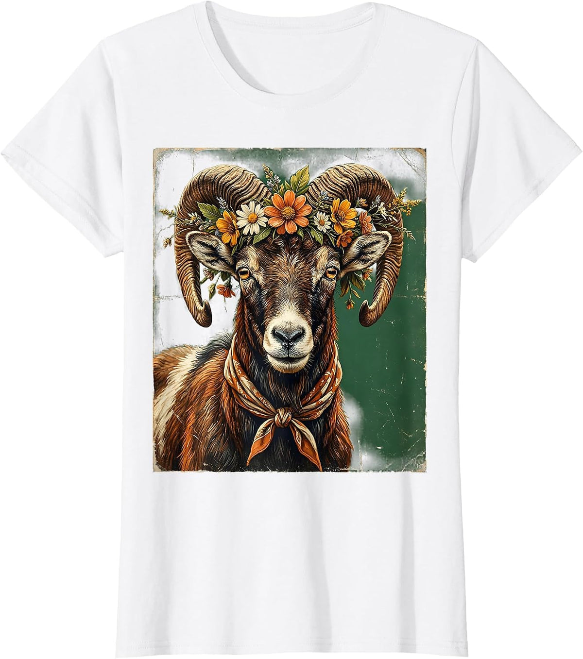 Women's Boho Flower Wreath Goat Graphic T-Shirt - White