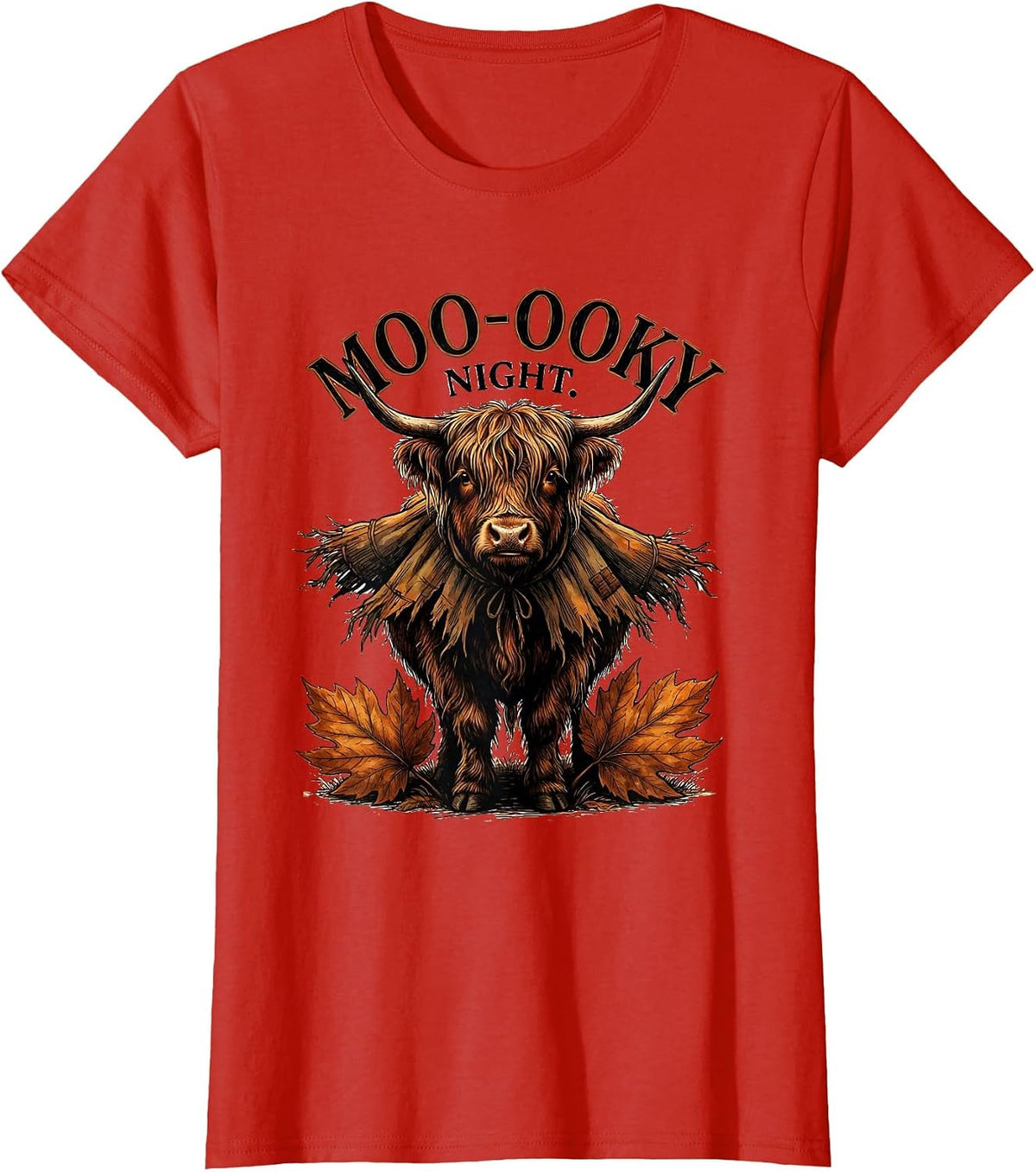 Moo-ooky Night Whimsical Highland Cow Halloween Fall Costume T-Shirt - Red