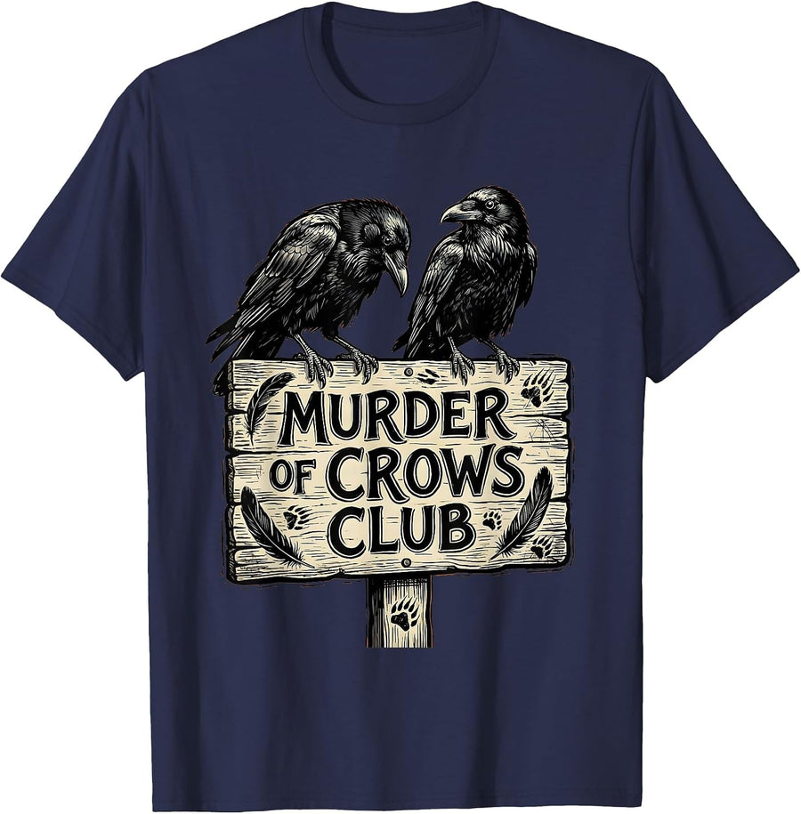 Murder of Crows Club Dark Nature Design T-Shirt - Navy Blue