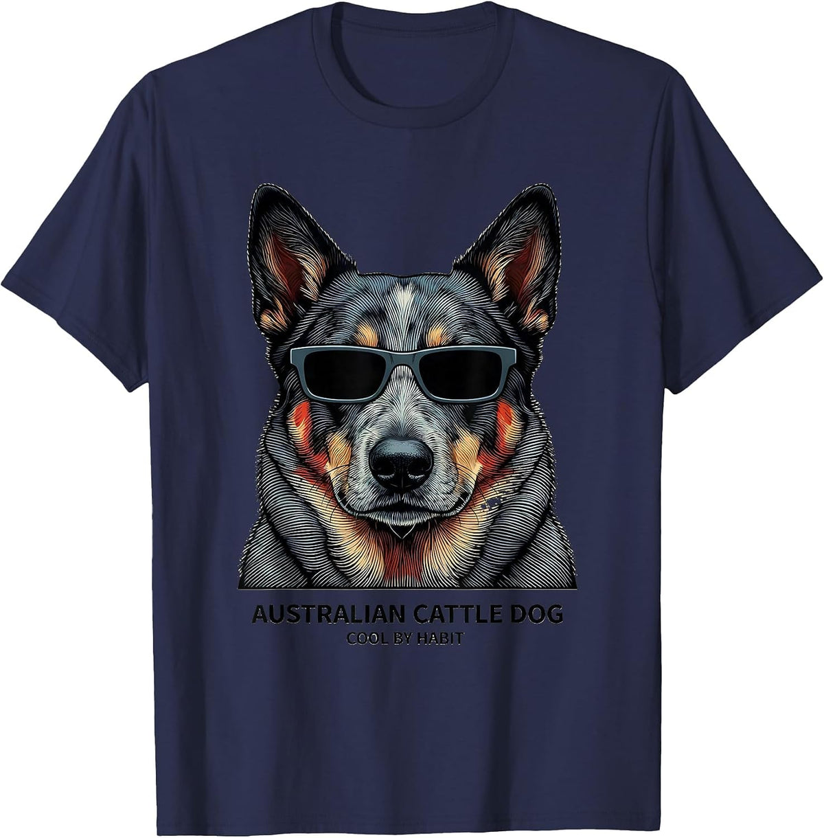 Men's Australian Cattle Dog Cool By Habit Funny Breed Portrait T-Shirt - Navy Blue