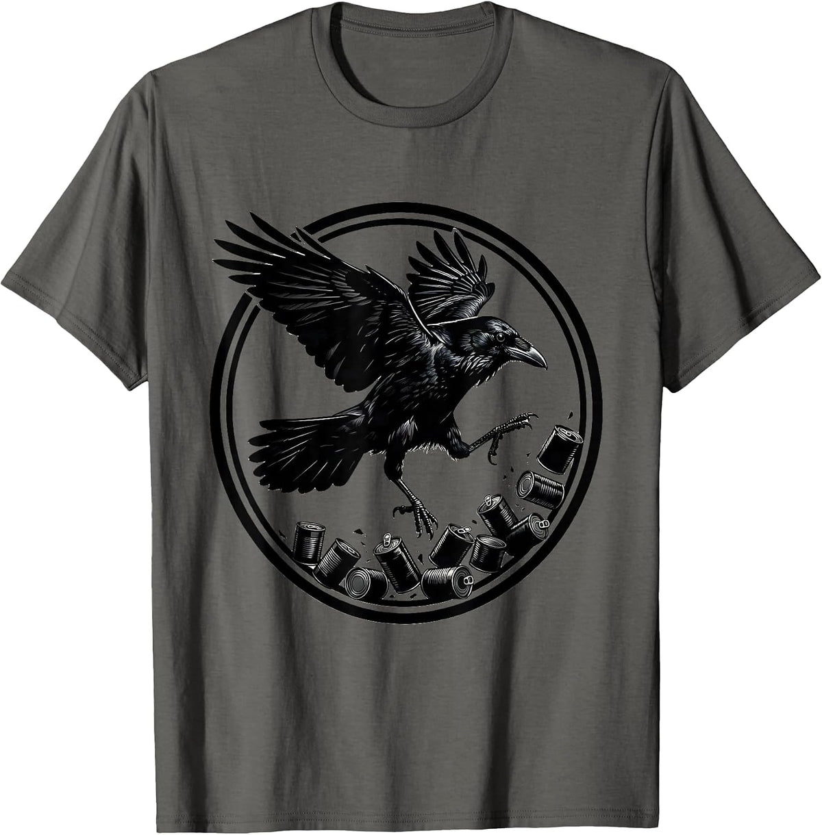 Crow Kicking Over Tin Cans Funny Bird Art T-Shirt - Asphalt Grey