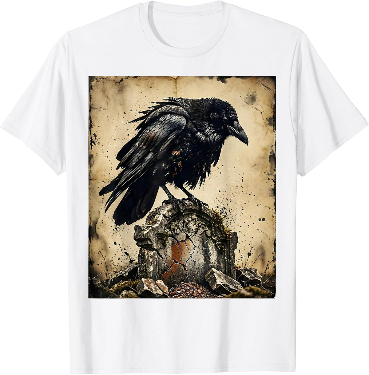 Men's Hooded Crow on Crumbling Gravestone Gothic Art T-Shirt - White