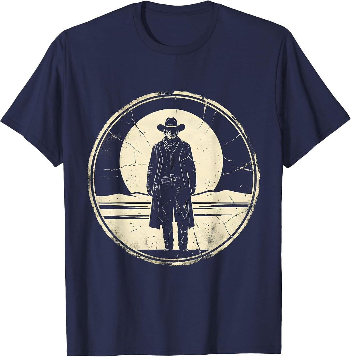 Lone Cowboy Silhouette Desert Sunset Graphic T-Shirt - Navy Blue
