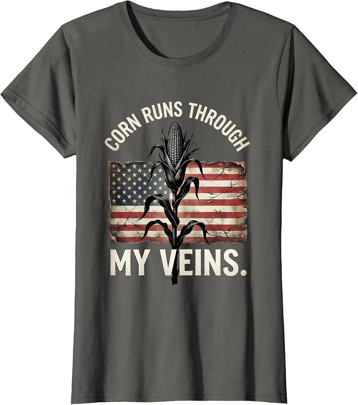 Women's Corn Runs Through My Veins Funny Corn Design T-Shirt - Asphalt Grey