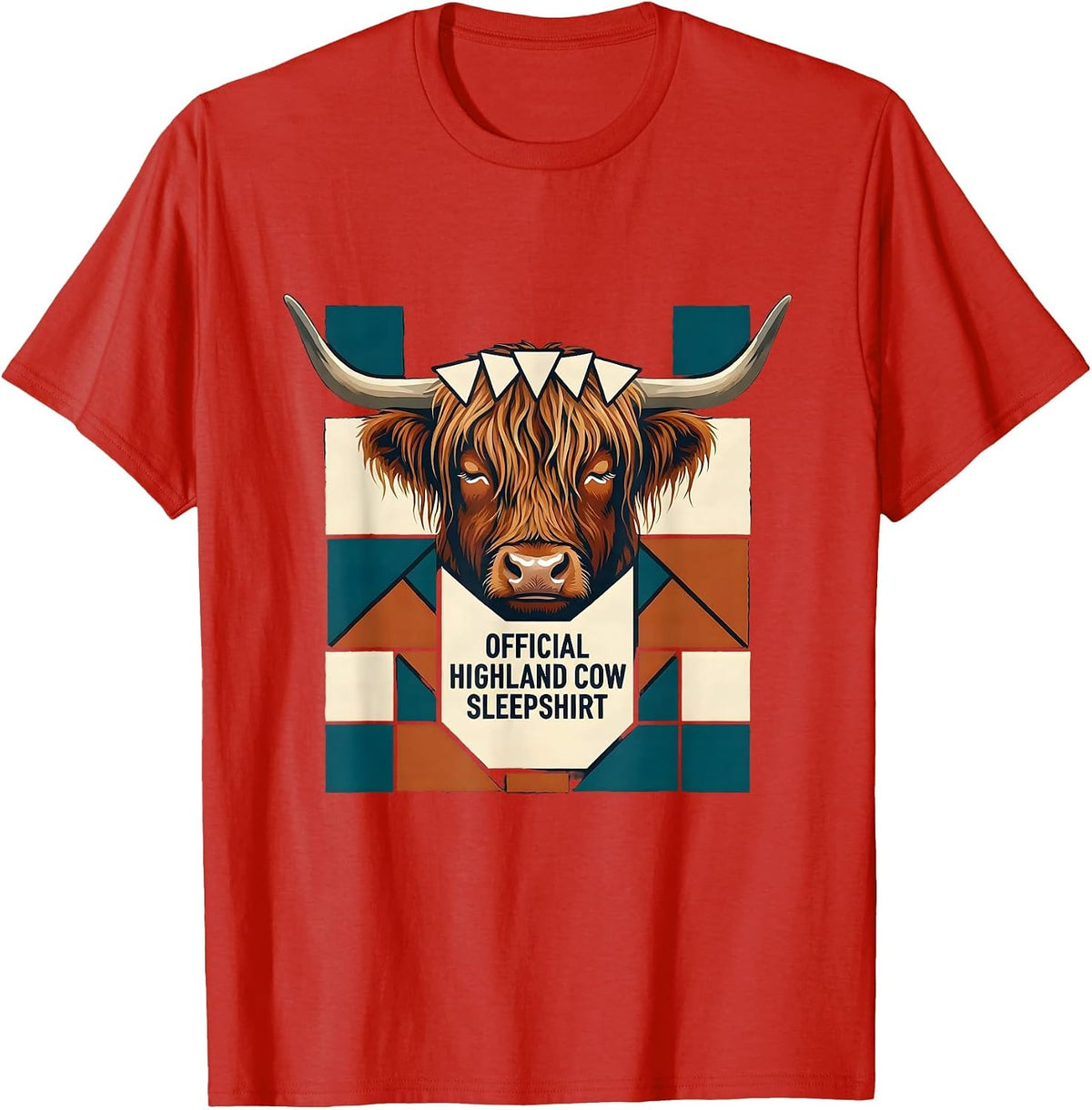 Men's Official Highland Cow Sleepshirt Cozy Quilt Block Patchwork T-Shirt - Red
