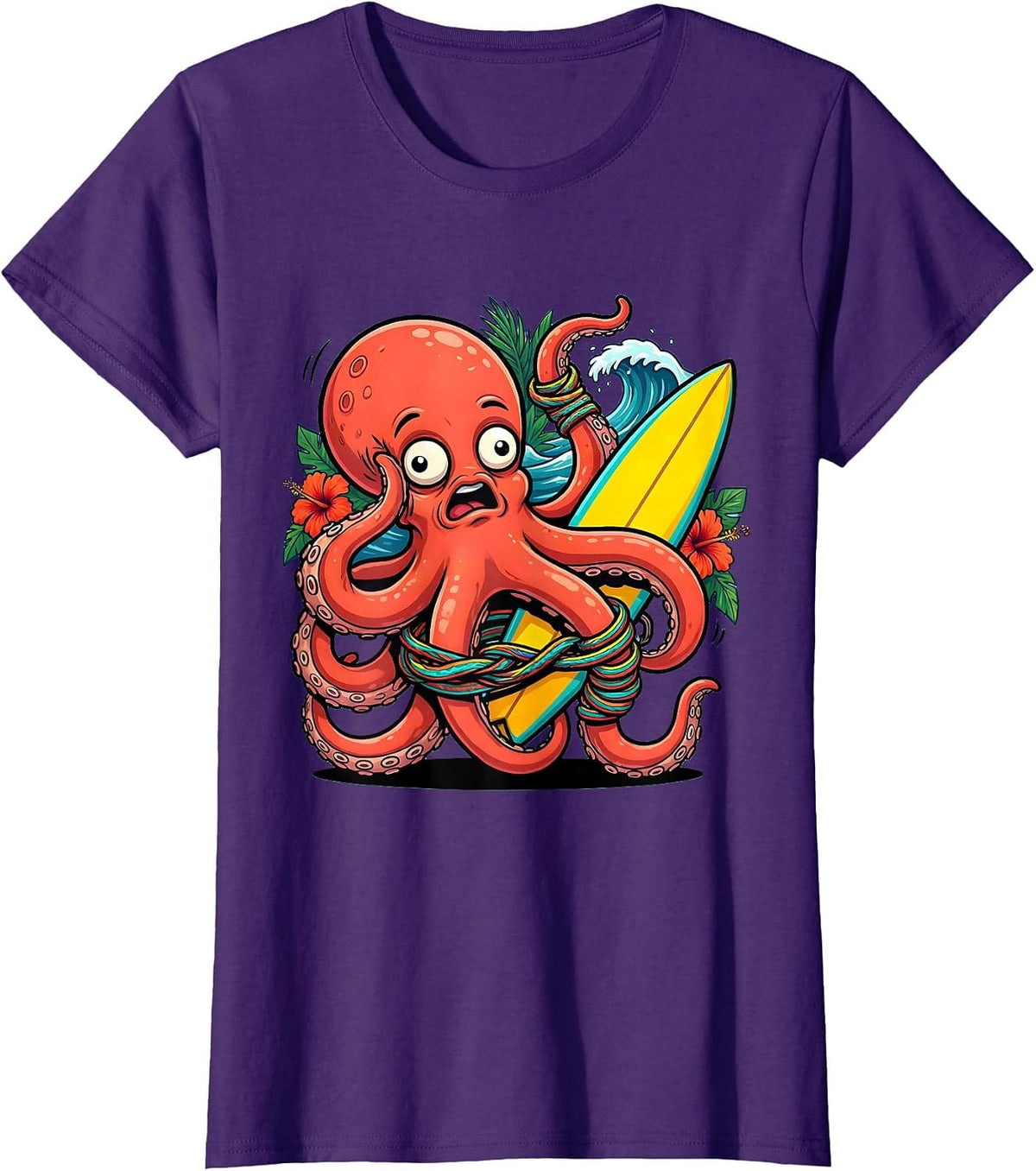 Women's Giant Octopus Tangled Surfboard Leash Hawaiian T-Shirt - Purple