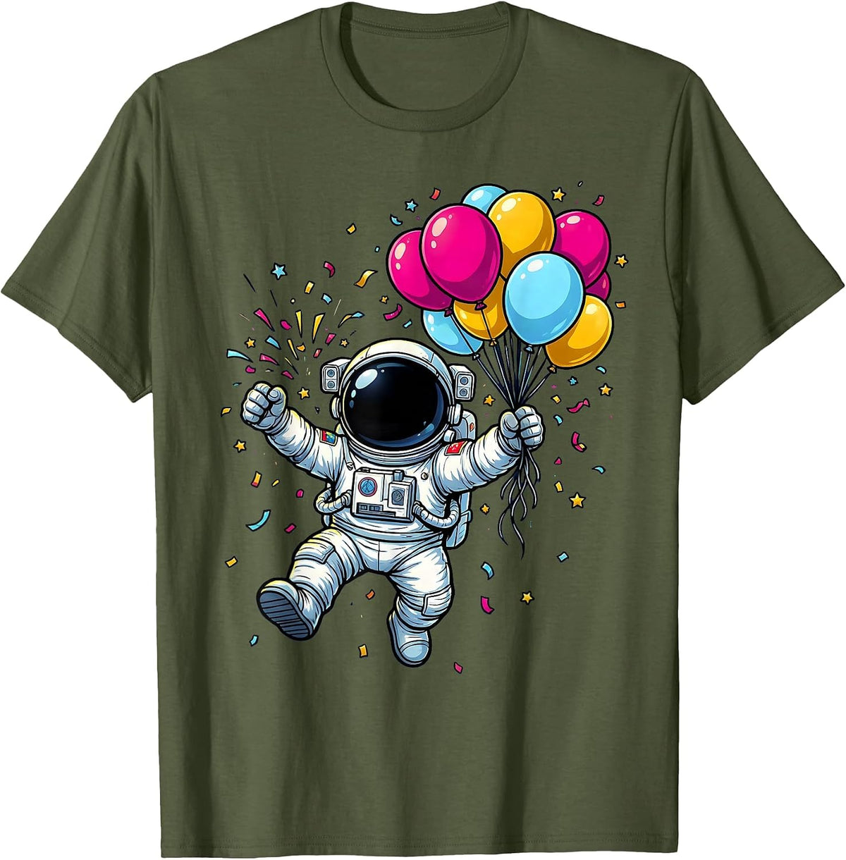 Men's Astronaut Birthday Balloons Space Celebration T-Shirt - Olive Green