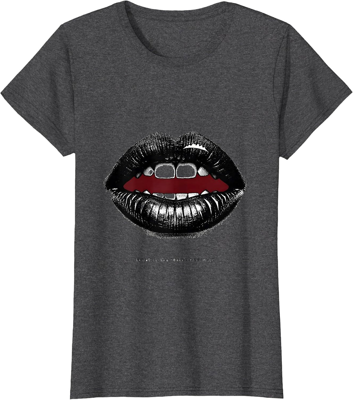 Women's She Bites, She Doesn't Apologize Flirty Romance Sexy Gift T-Shirt - Dark Heather Grey