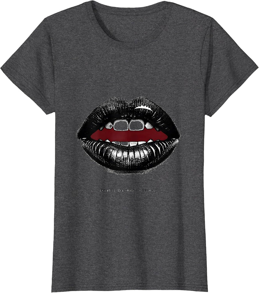 Women's She Bites, She Doesn't Apologize Flirty Romance Sexy Gift T-Shirt - Dark Heather Grey