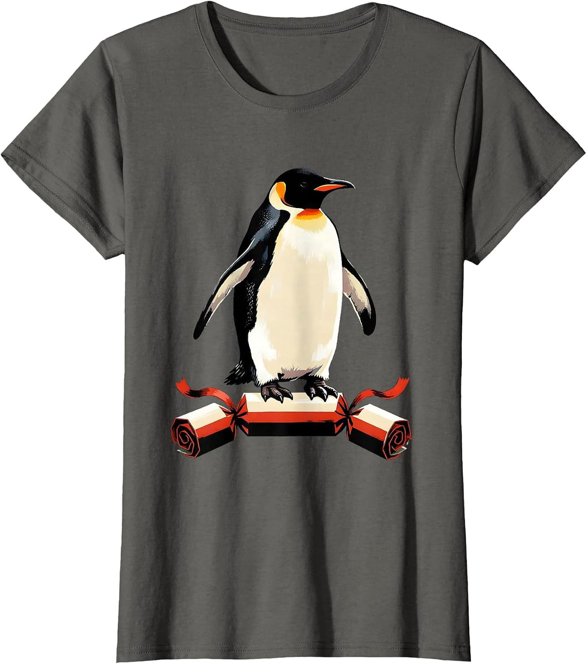 Women's Penguin Bursting From Cracker Funny Christmas Humor T-Shirt - Asphalt Grey