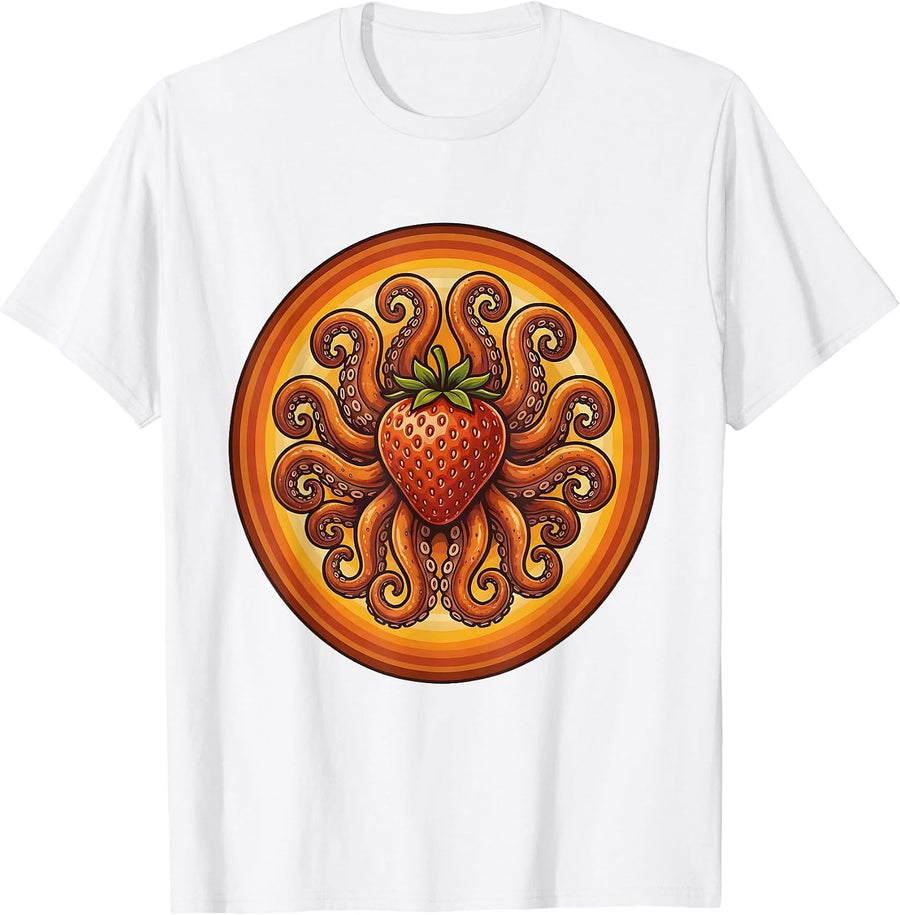 Octopus Clutching Strawberry Funny Sea Art T-Shirt - White