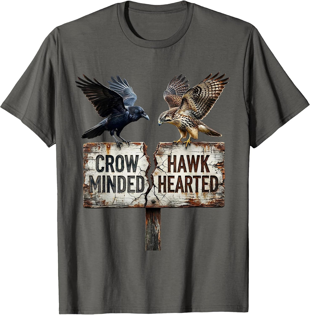 Men's Crow Minded Hawk Hearted Bird Spirit Design T-Shirt - Asphalt Grey