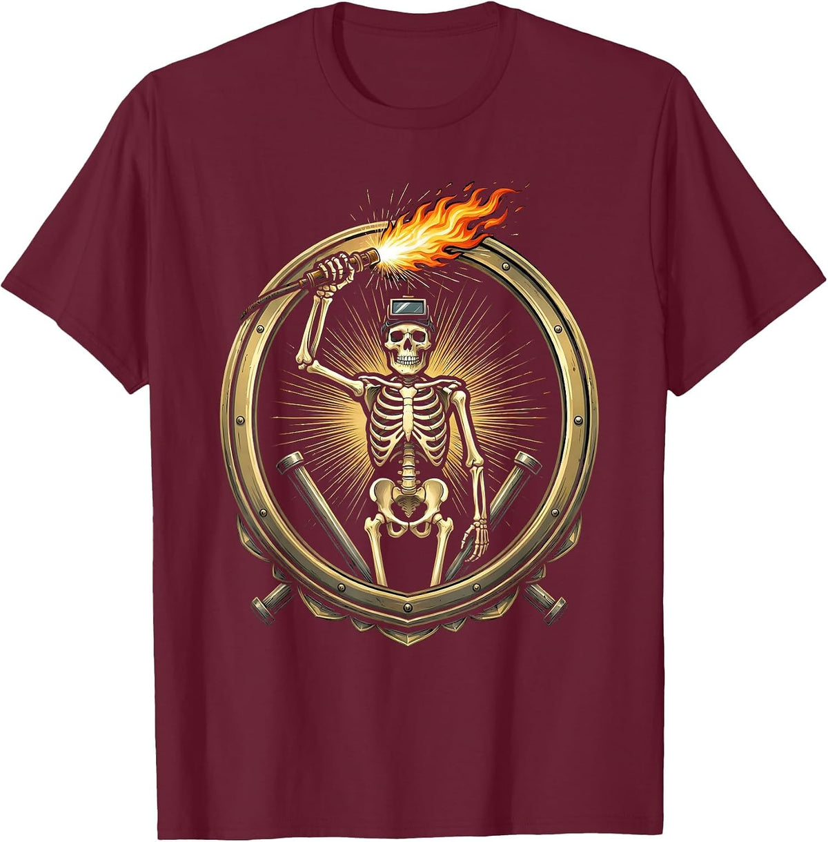 Men's Skeletal Welder Torch Scepter Dark Art Design T-Shirt - Burgundy