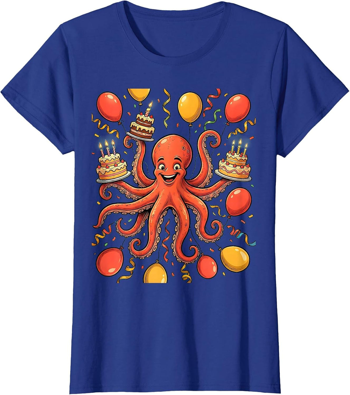 Women's Octopus Birthday Party Balloon Celebration Graphic T-Shirt - Royal Blue