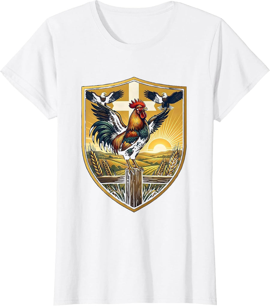 Women's Rooster at Dawn Farmland God Family Country T-Shirt - White