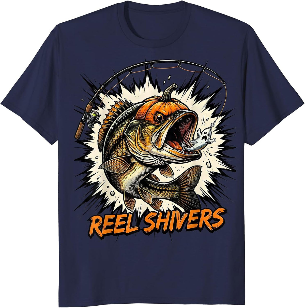 Reel Shivers Comic Book Spooky Halloween Fishing Gift T-Shirt - Navy Blue