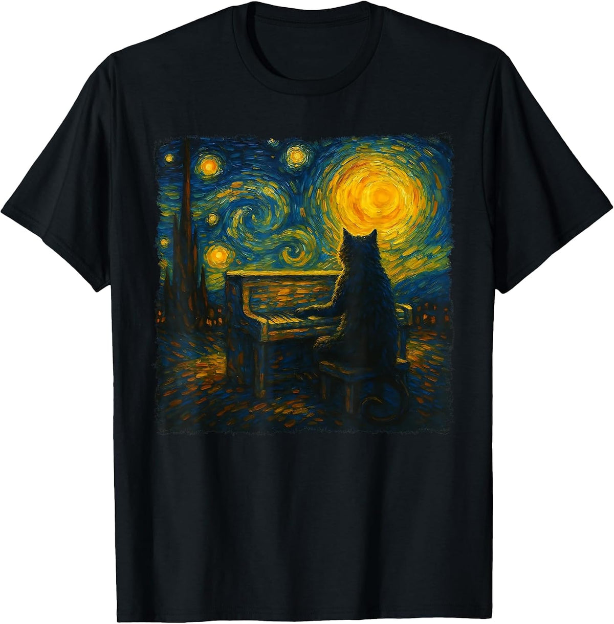 Funny Black Cat Playing Piano Starry Night Vincent Van Gogh T-Shirt - Black