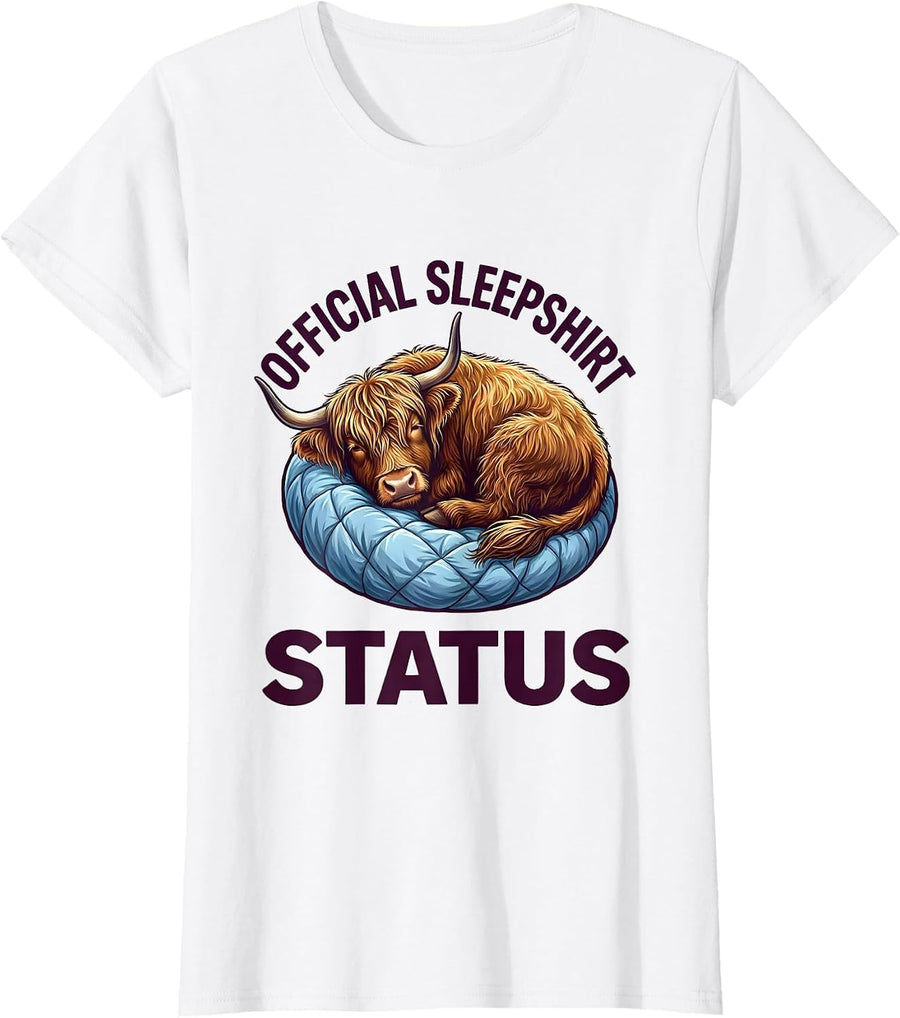 Women's Official Sleepshirt Status Cute Kawaii Highland Cow Cozy T-Shirt - White