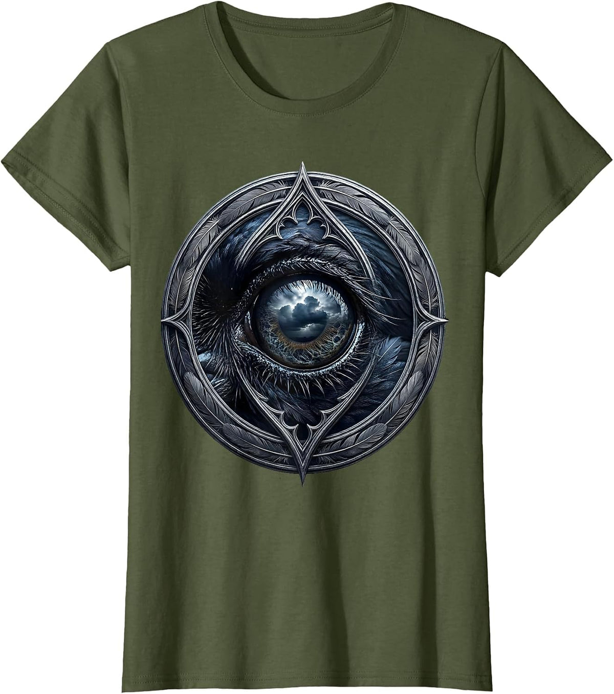Women's Crow Eye Close-Up Sky Reflection Graphic T-Shirt - Olive Green