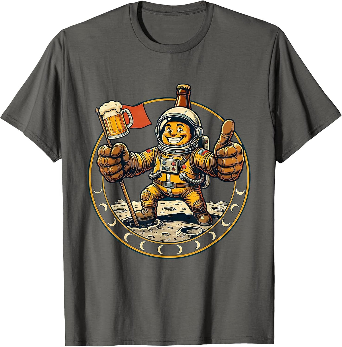 Astronaut Beer Flag Moon Landing Graphic T-Shirt - Asphalt Grey