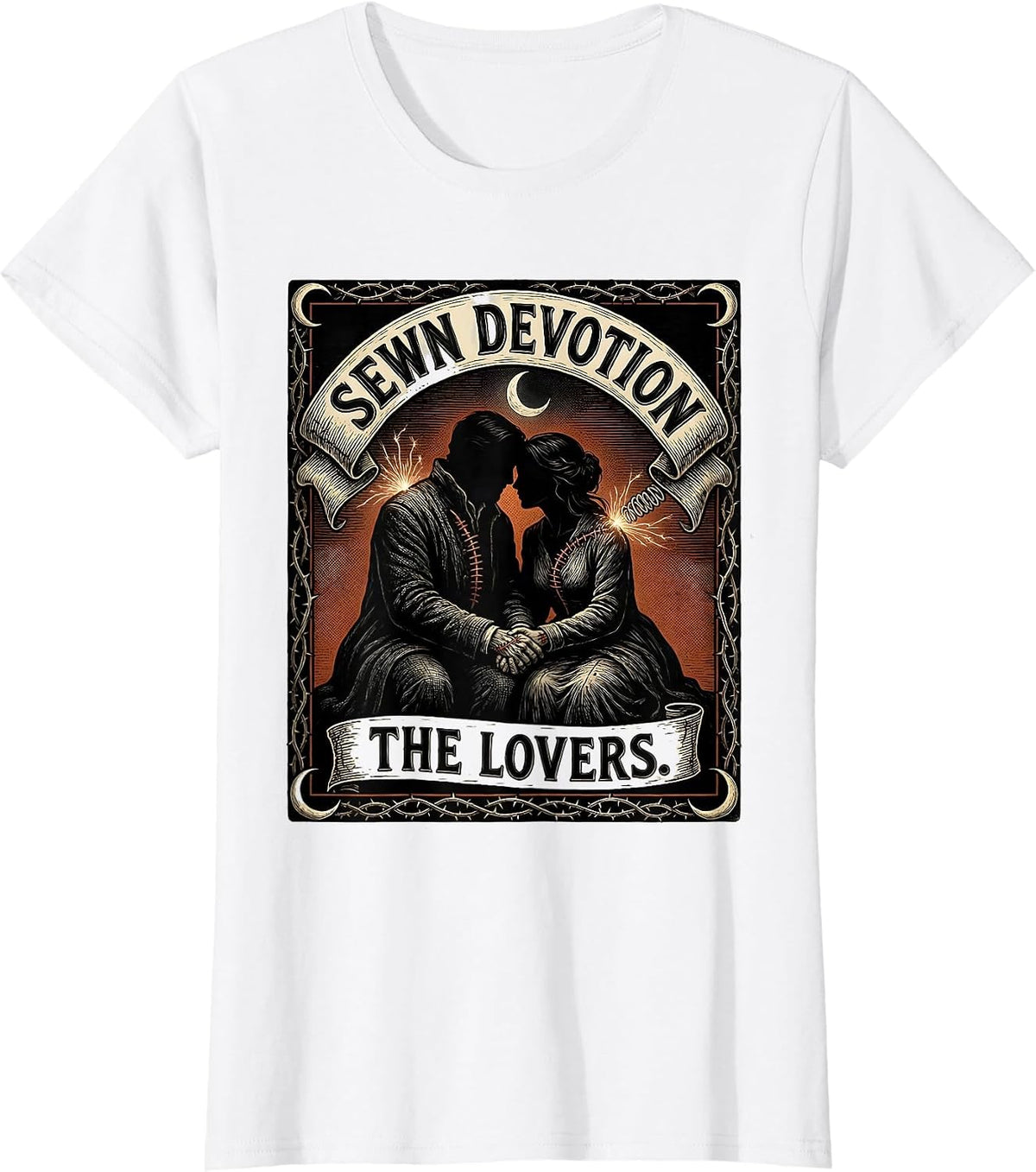 Women's Sewn Devotion The Lovers Woodcut Engraving Horror Romance T-Shirt - White