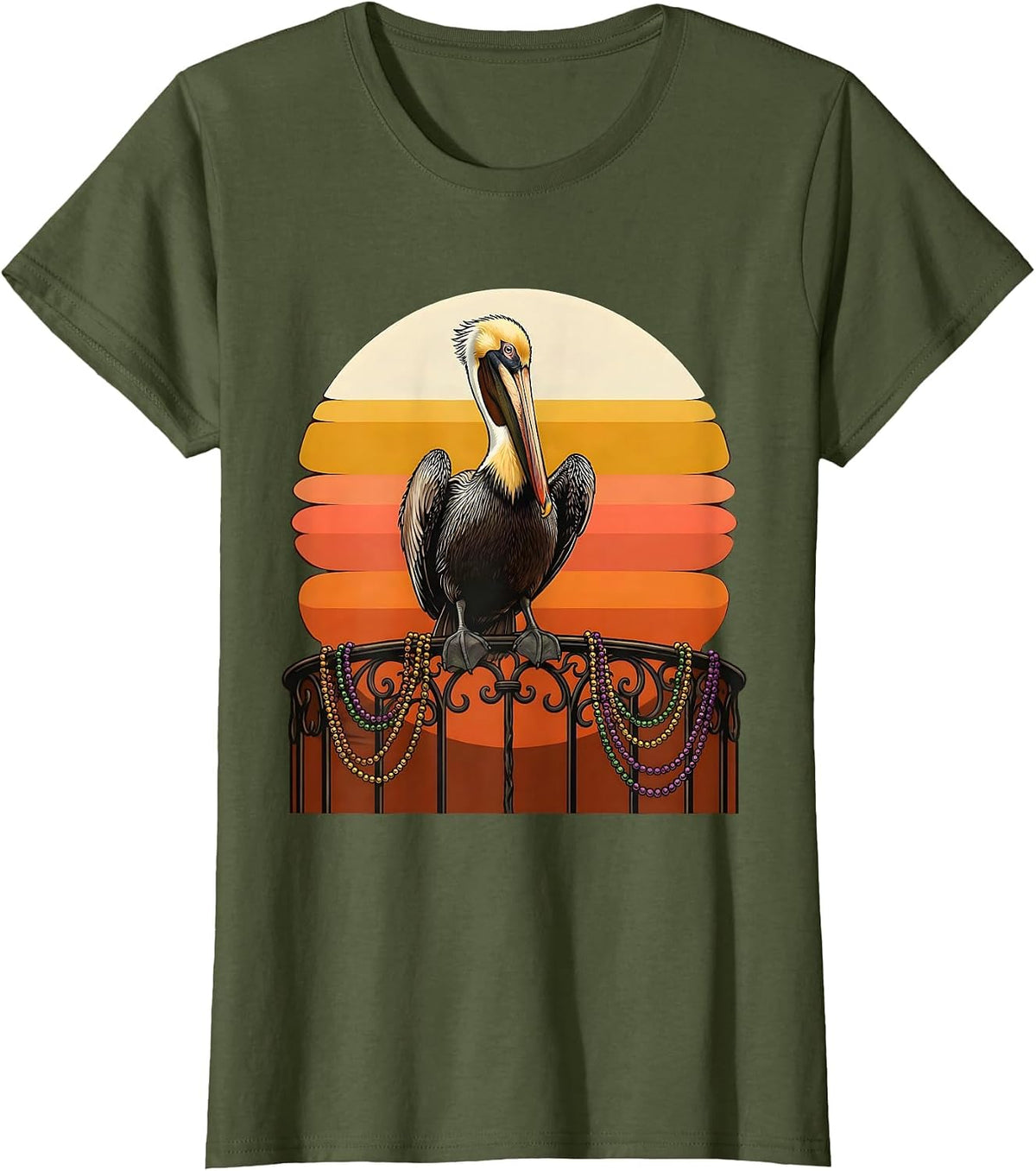 Women's Mardi Gras Pelican Balcony Beads Illustration T-Shirt - Olive Green