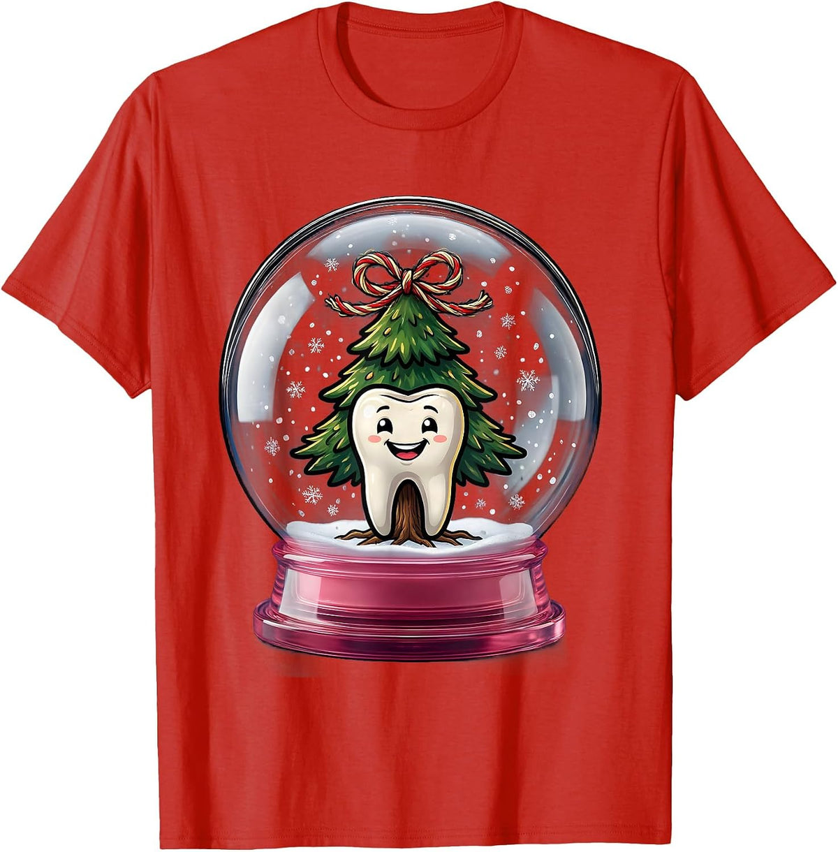 Men's Oversized Retainer Snow Globe Cartoon Dentist Christmas T-Shirt - Red