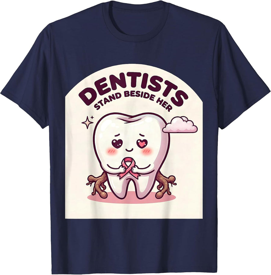 Dentists Stand Beside Her Cute Kawaii Breast Cancer T-Shirt - Navy Blue