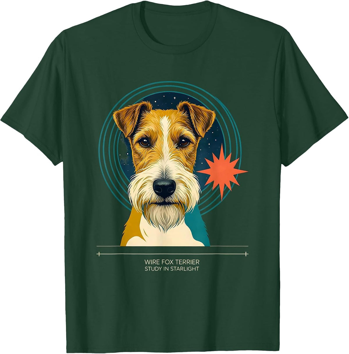 Men's Wire Fox Terrier, Study In Starlight Midcentury Modern Dog T-Shirt - Dark Green