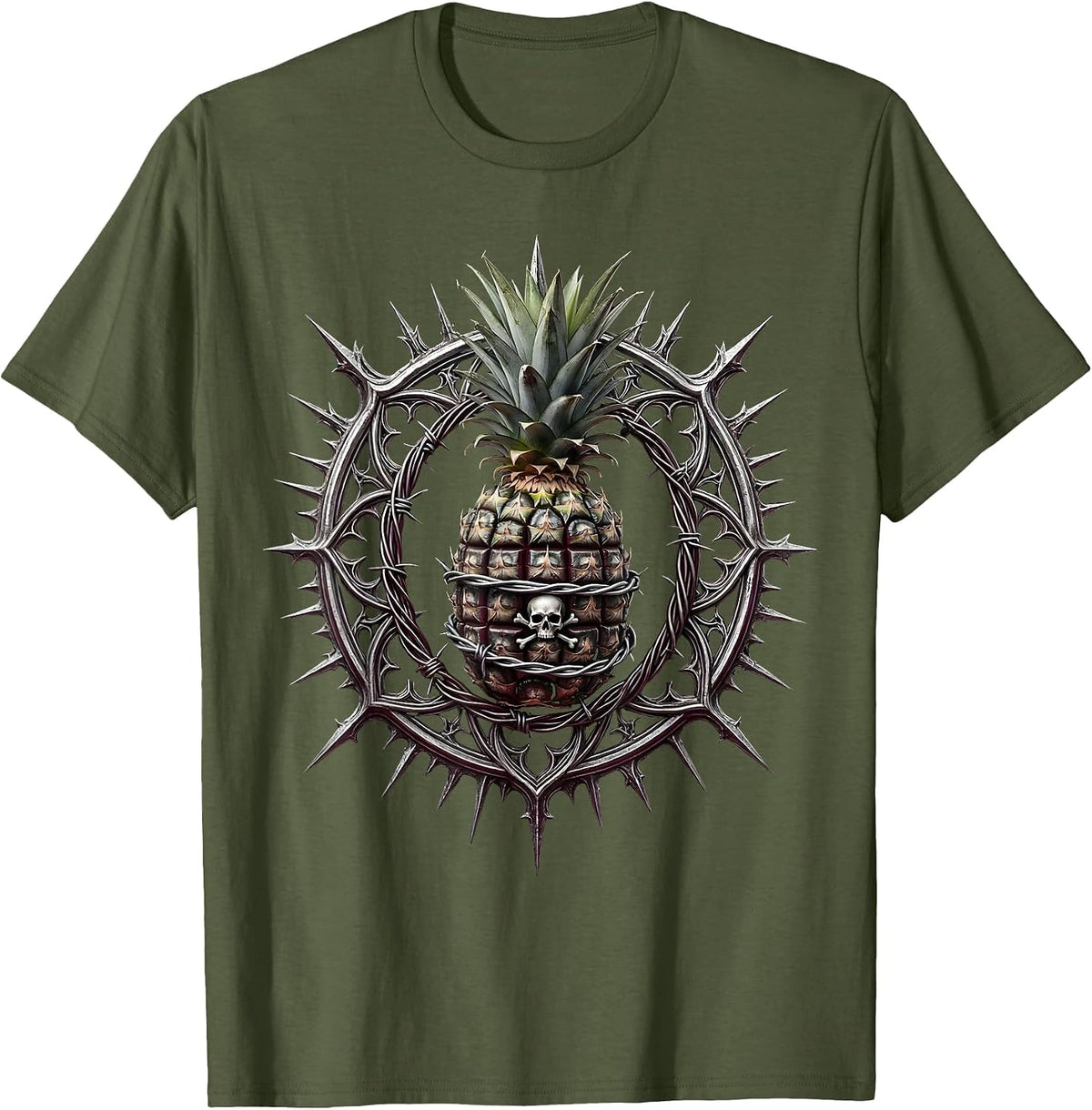 Punk Rock Hand Grenade Barbed Wire Graphic T-Shirt - Olive Green