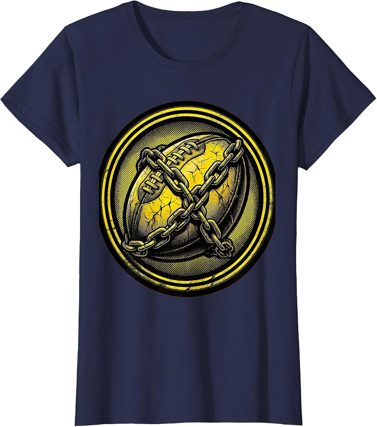 Women's Weathered Rugby Ball Wrapped in Chains Design T-Shirt - Navy Blue
