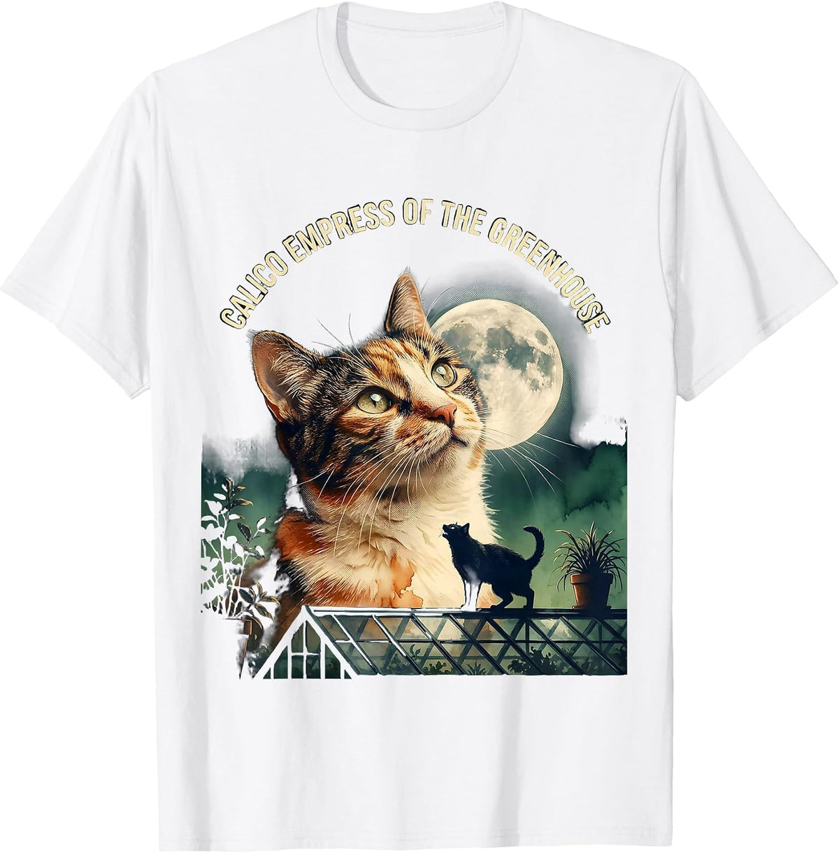 Men's Calico Empress of the Greenhouse Vintage Cat Howling at Moon T-Shirt - White