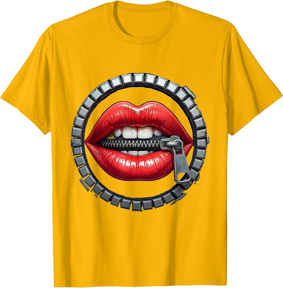 Zipped Mouth Shut Graphic Design T-Shirt - Golden Yellow