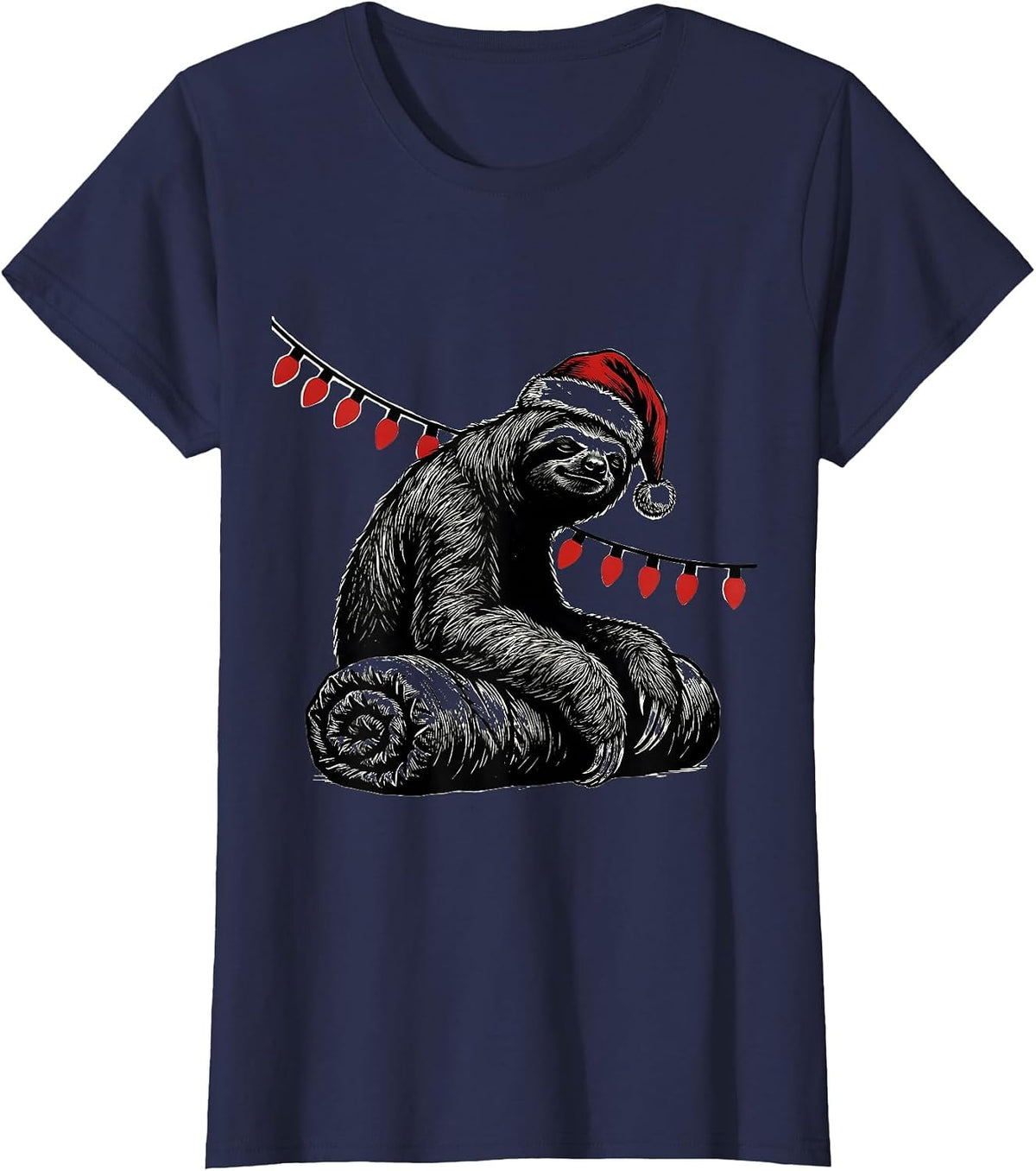 Women's Sloth Sleeping Bag Santa Hat Funny Christmas Lights T-Shirt - Navy Blue