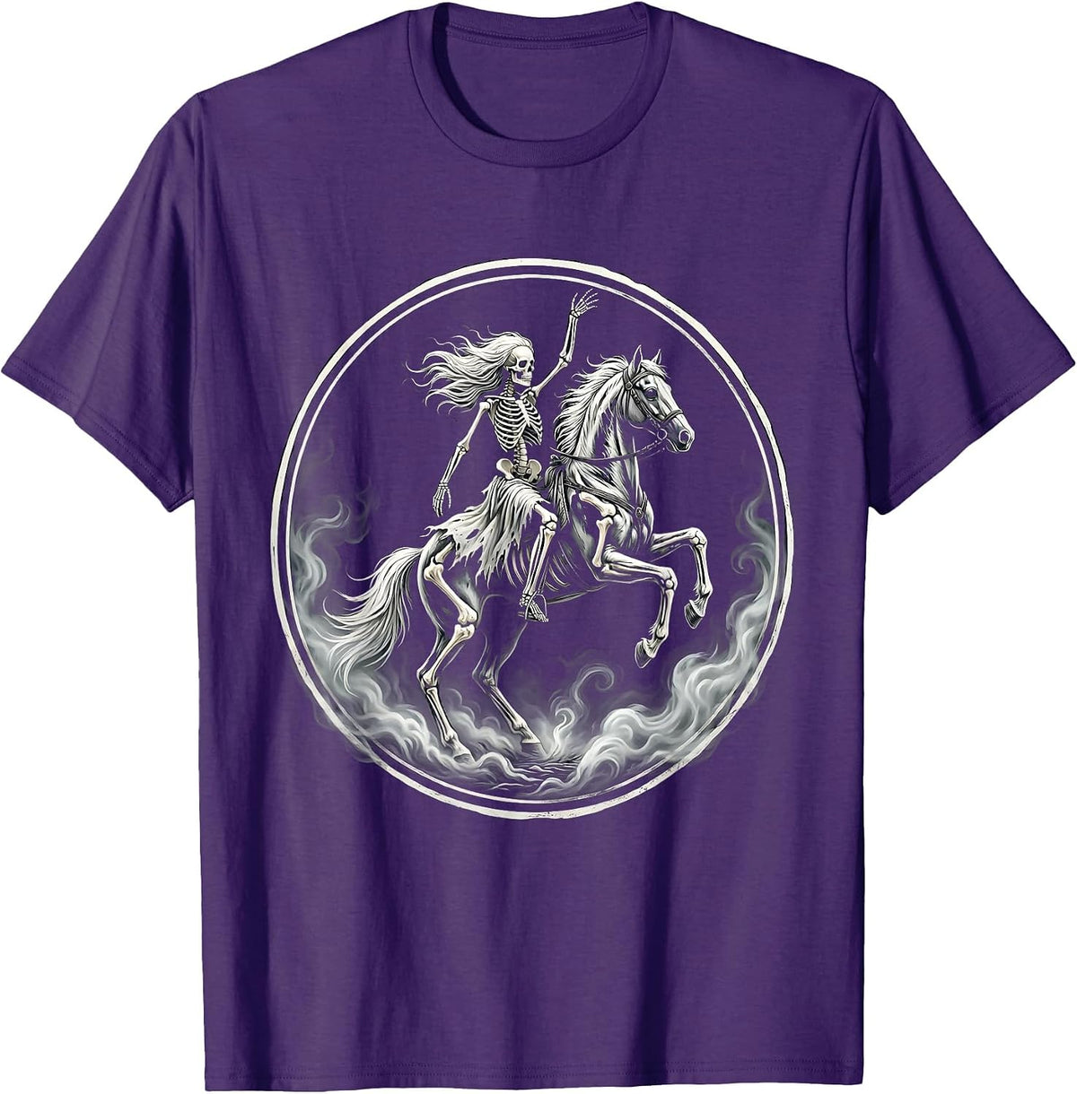 Skeleton Woman Riding Horse Through Fog Art T-Shirt - Purple