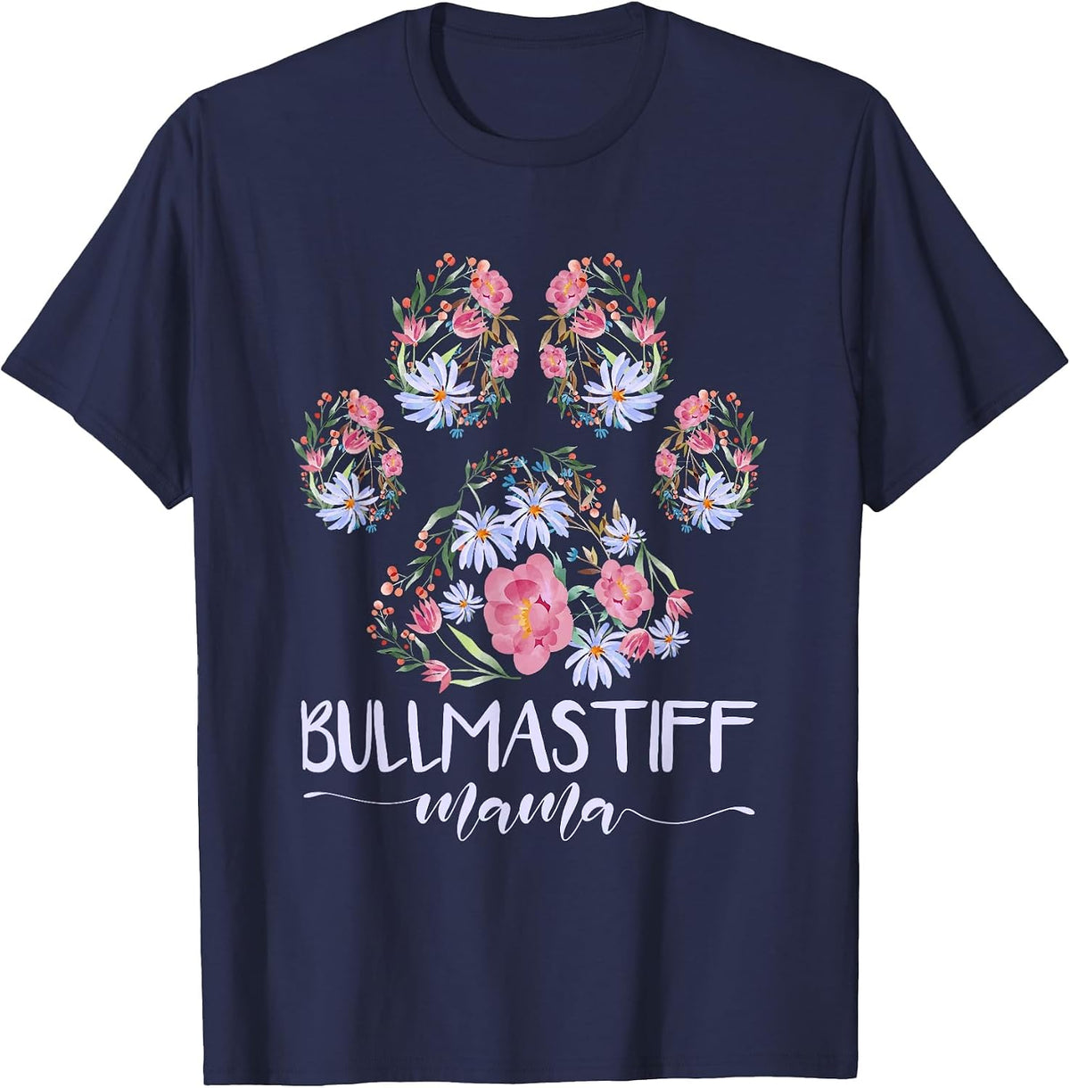 Dog Paw Flowers Bullmastiff Mama T-Shirt - Navy Blue