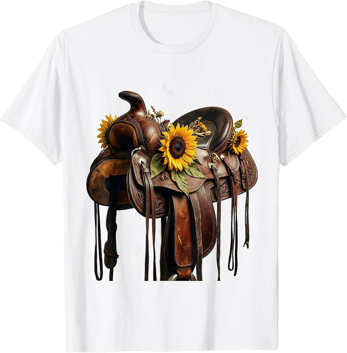 Men's Sunflower Saddle Cowgirl Western Floral Illustration T-Shirt - White