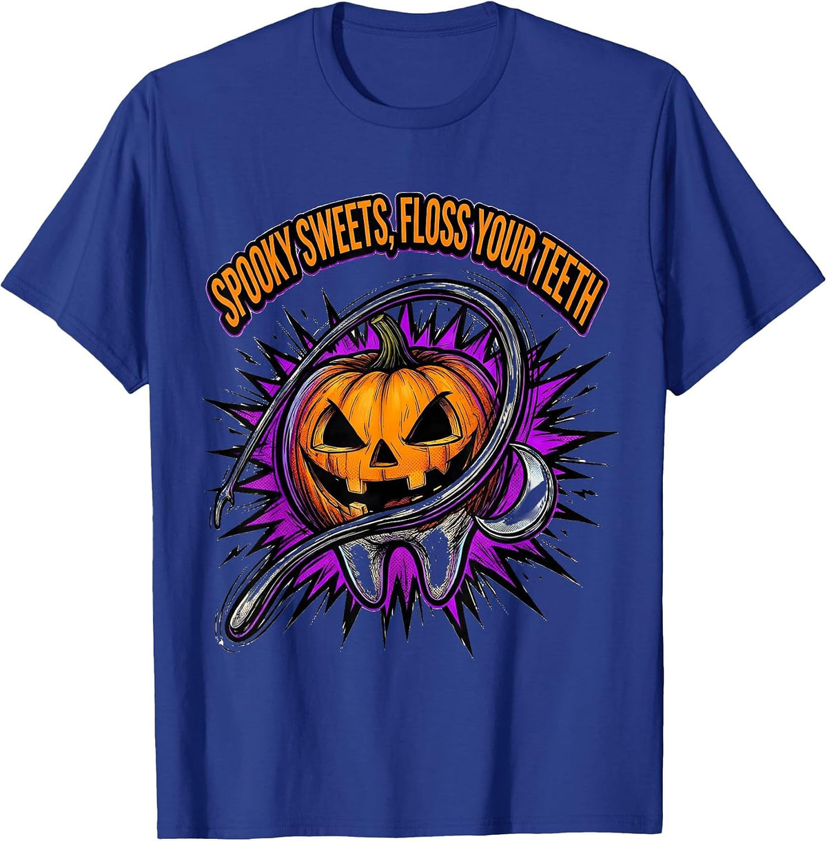 Spooky Sweets Floss Your Teeth Comic Book Dentist Halloween T-Shirt - Royal Blue