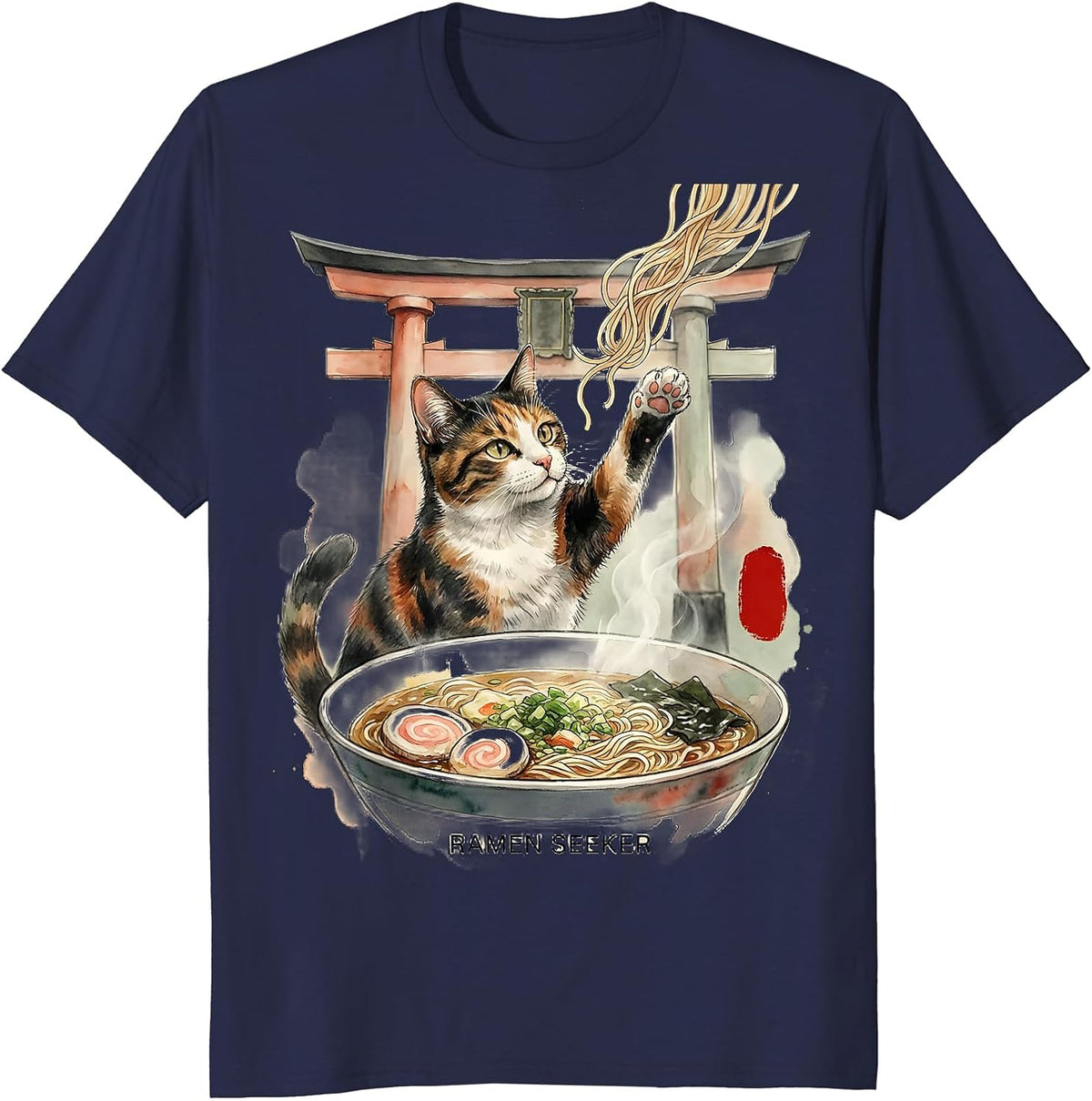 Ramen Seeker Watercolor Cat Japanese Kawaii Anime Gift T-Shirt - Navy Blue