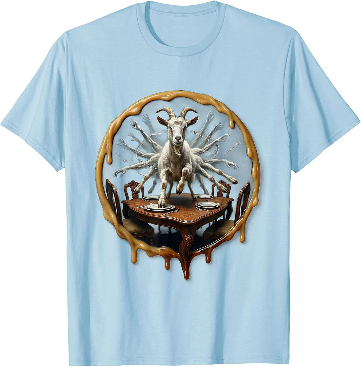 Unhinged Goat Dining Table Rampage Illustration T-Shirt - Baby Blue