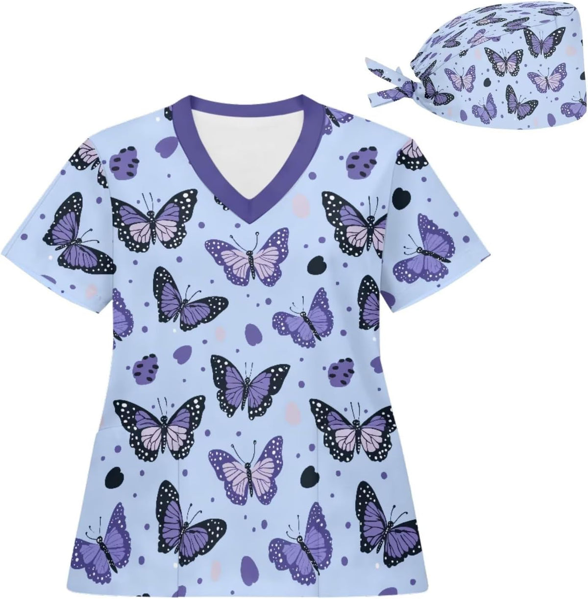 2 Piece Scrub Top and Cap Sets for Women V-Neck Nurse Uniforms Scrubs Shirt Medical Uniforms with Pockets,Size S-5XL - Blue