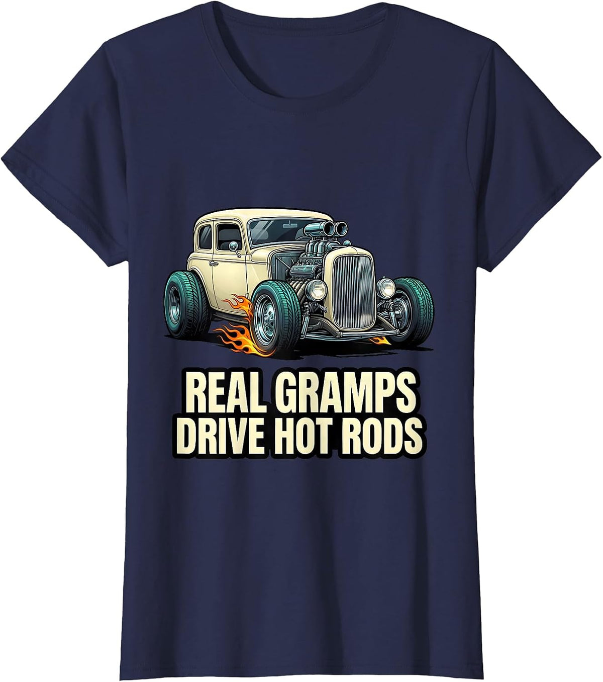 Women's Real Gramps Drive Hot Rods Custom Car Cartoon Hot Rod T-Shirt - Navy Blue