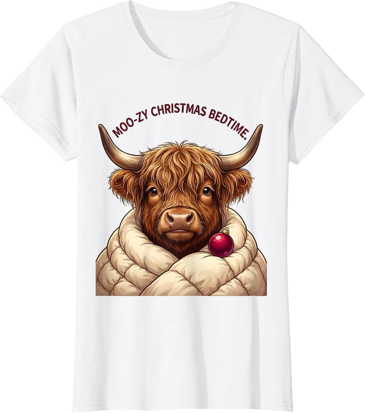 Moo-zy Christmas Bedtime Cute Kawaii Highland Cow Pajama T-Shirt - White