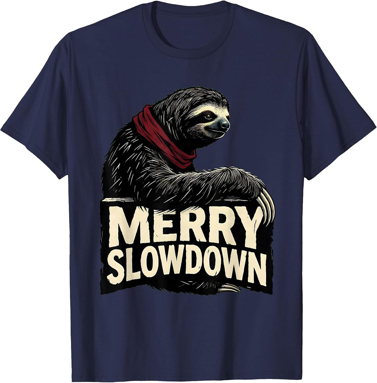 Men's Merry Slowdown Linocut Funny Sloth Lover Christmas Pajama T-Shirt - Navy Blue