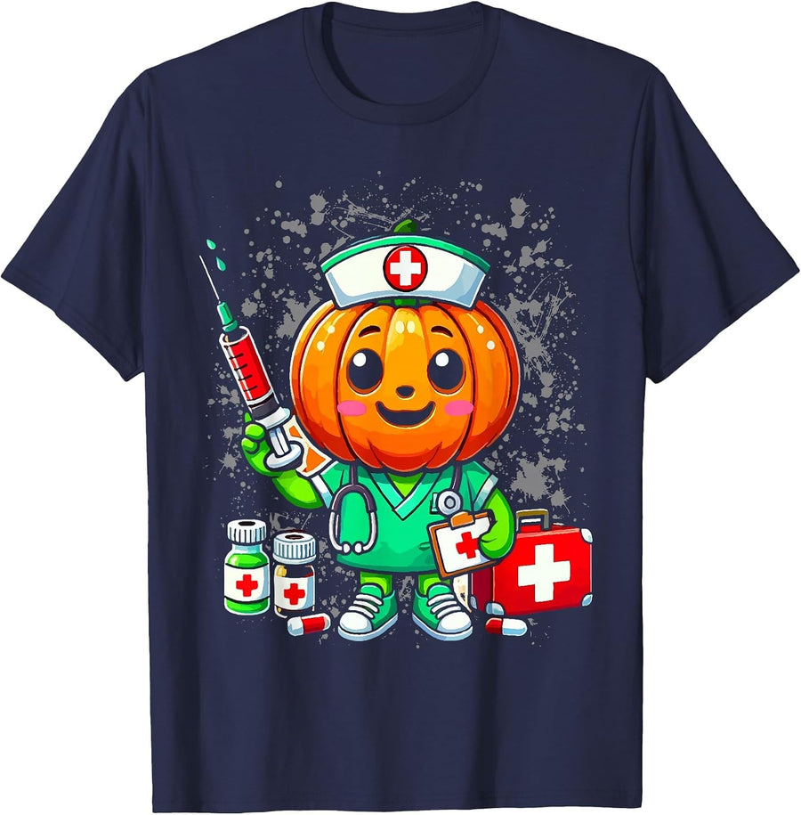 Halloween Nurse Pumpkin Nursing Scrub Top Costume Women Men T-Shirt - Navy Blue