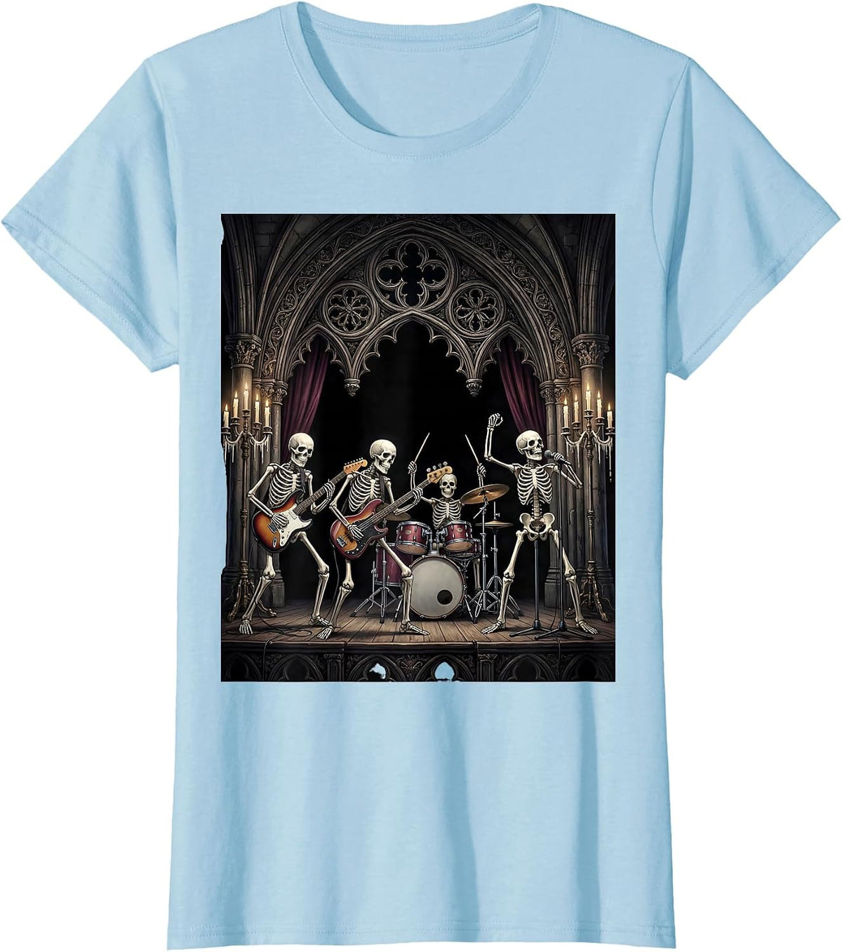 Skeleton Band Performing on Stage Metal Graphic T-Shirt - Baby Blue