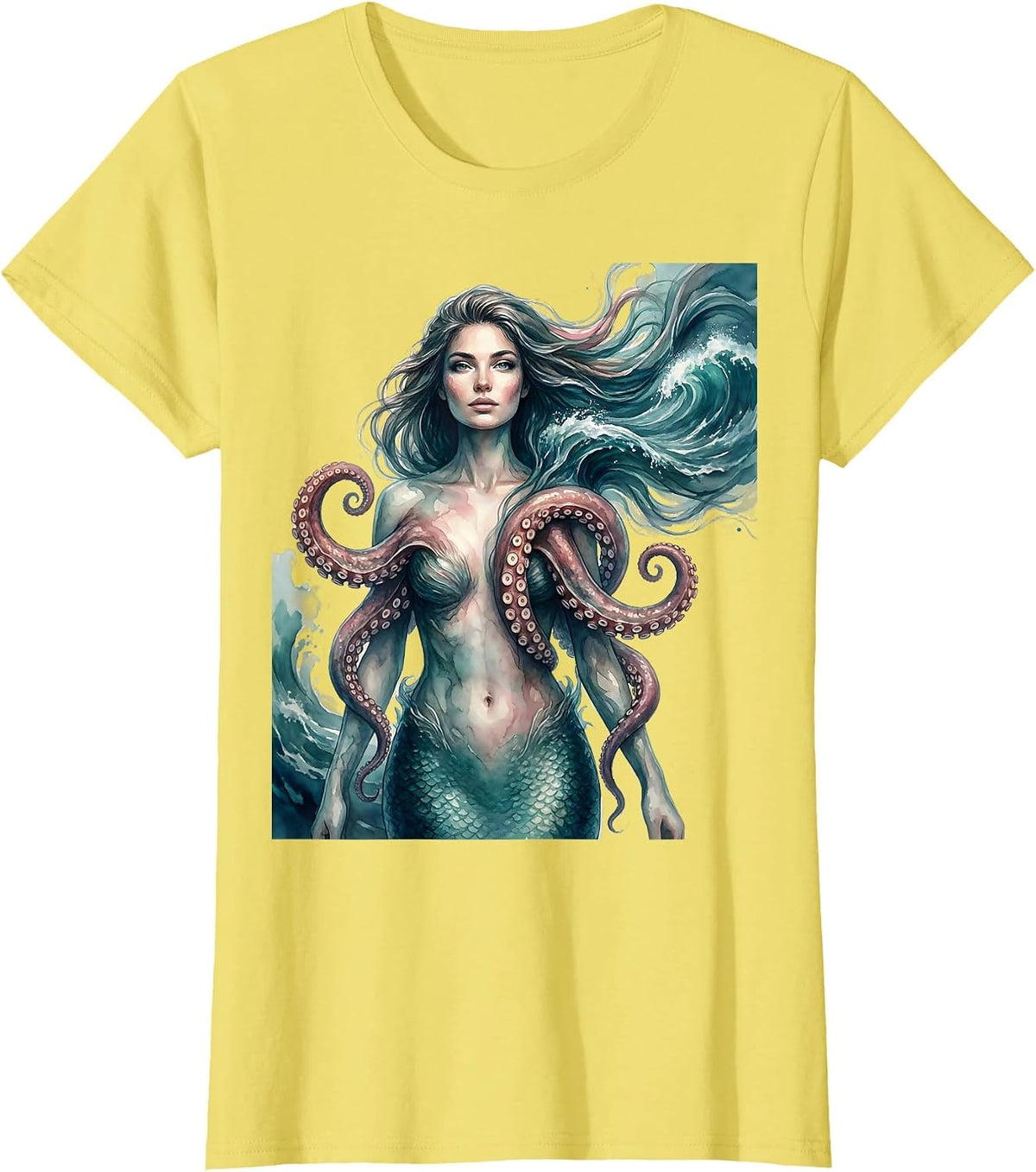 Mermaid and Octopus Ocean Fantasy Illustration T-Shirt - Lemon Yellow
